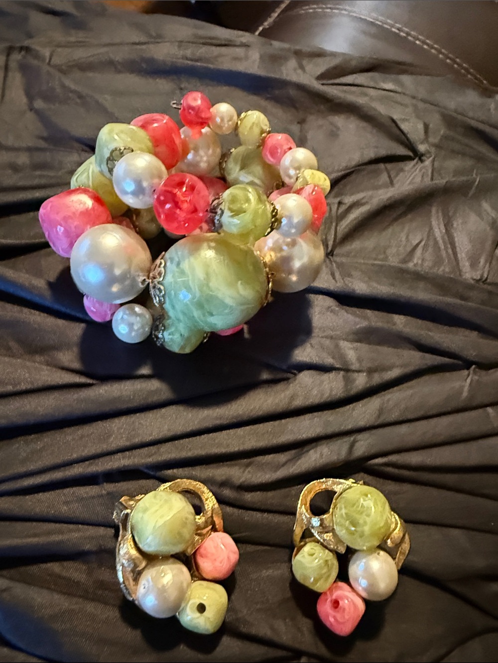 Green and Pink Beaded Bracelet with Matching Earrings